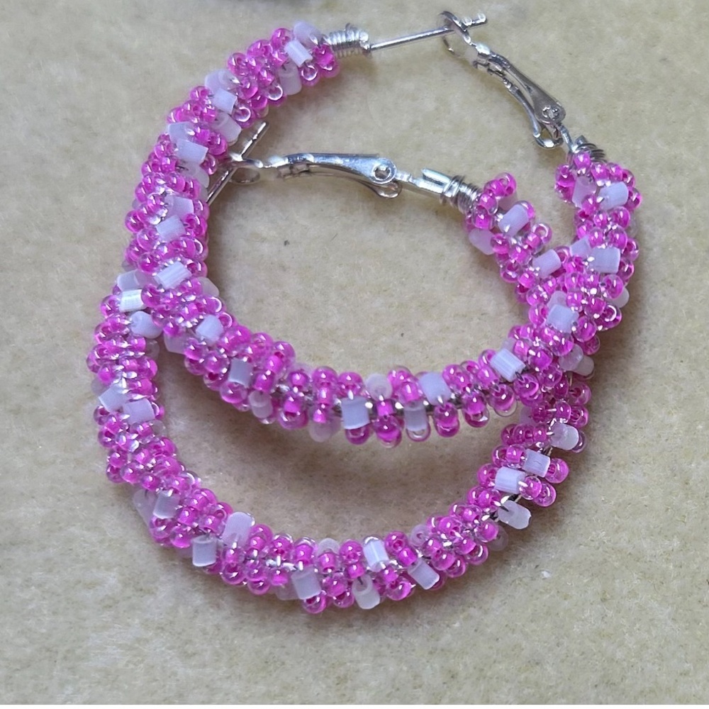 Handmade pink and white hoop earrings
